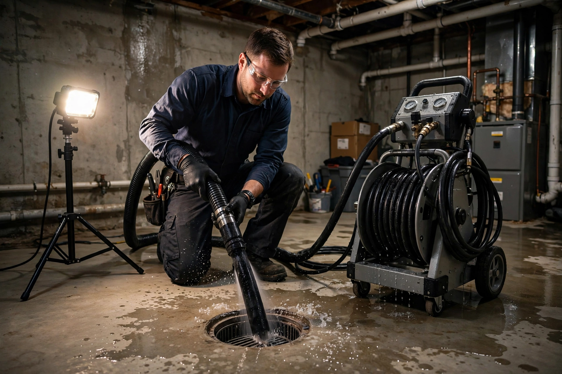 Plumbing technician feeding a hydro jetting hose into a floor drain in Grove City, OH