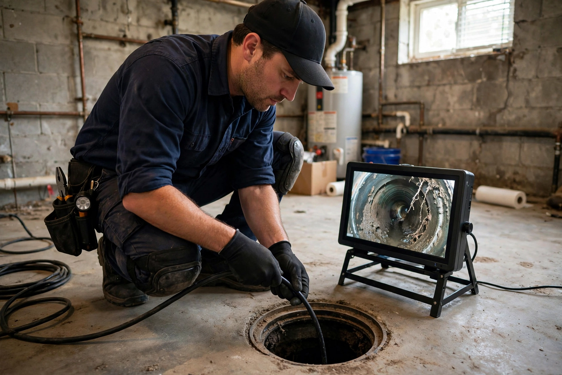 Technician guiding a sewer camera line into a drain pipe in Grove City, OH