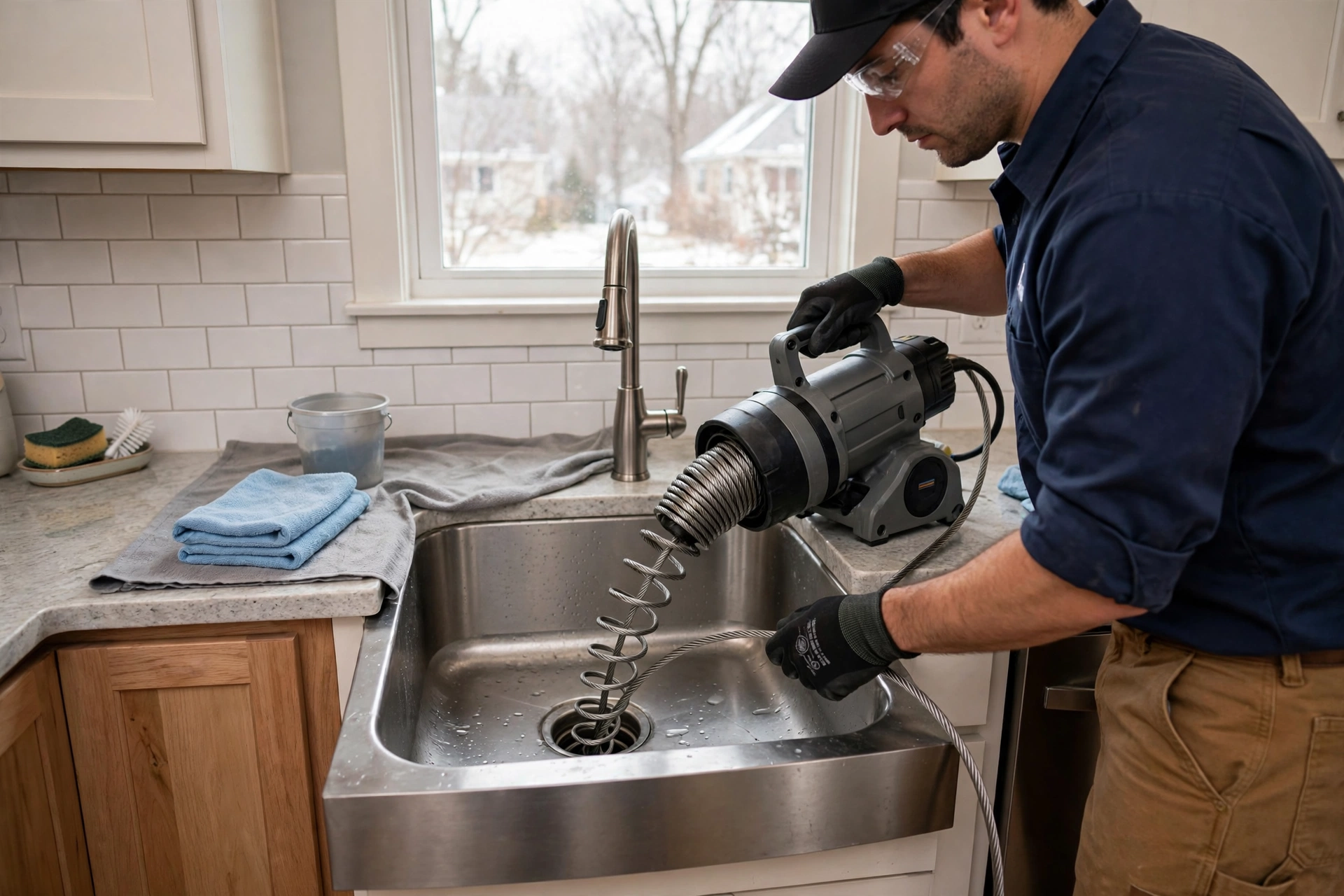 Technician operating a drain auger machine on a sink in Grove City, OH